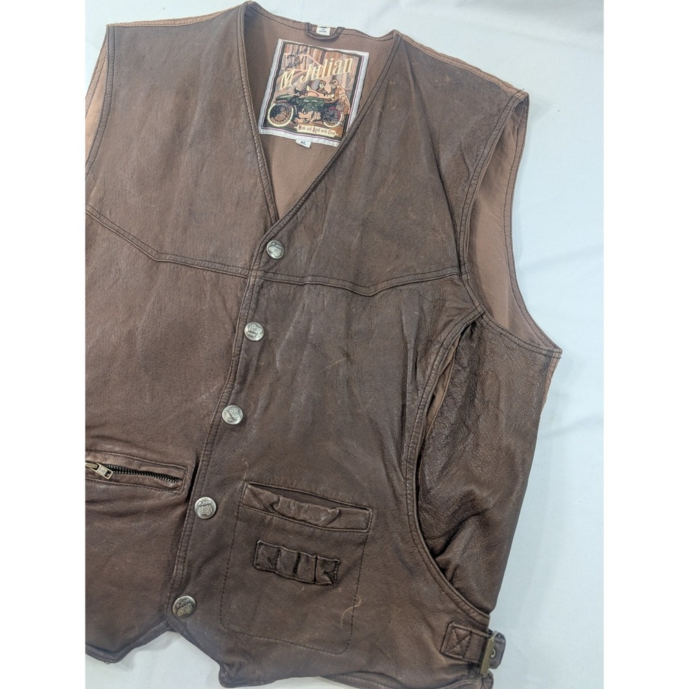 M. Julian Leather Vest Mens XL Brown Motorcycle Biker Canvas Back V Neck